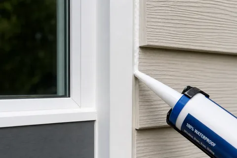 Caulking and sealant applied along a window frame joint