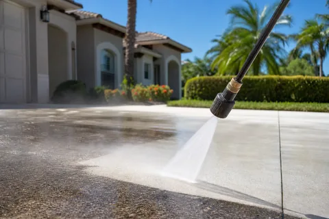 Pressure cleaning restoring a concrete driveway surface